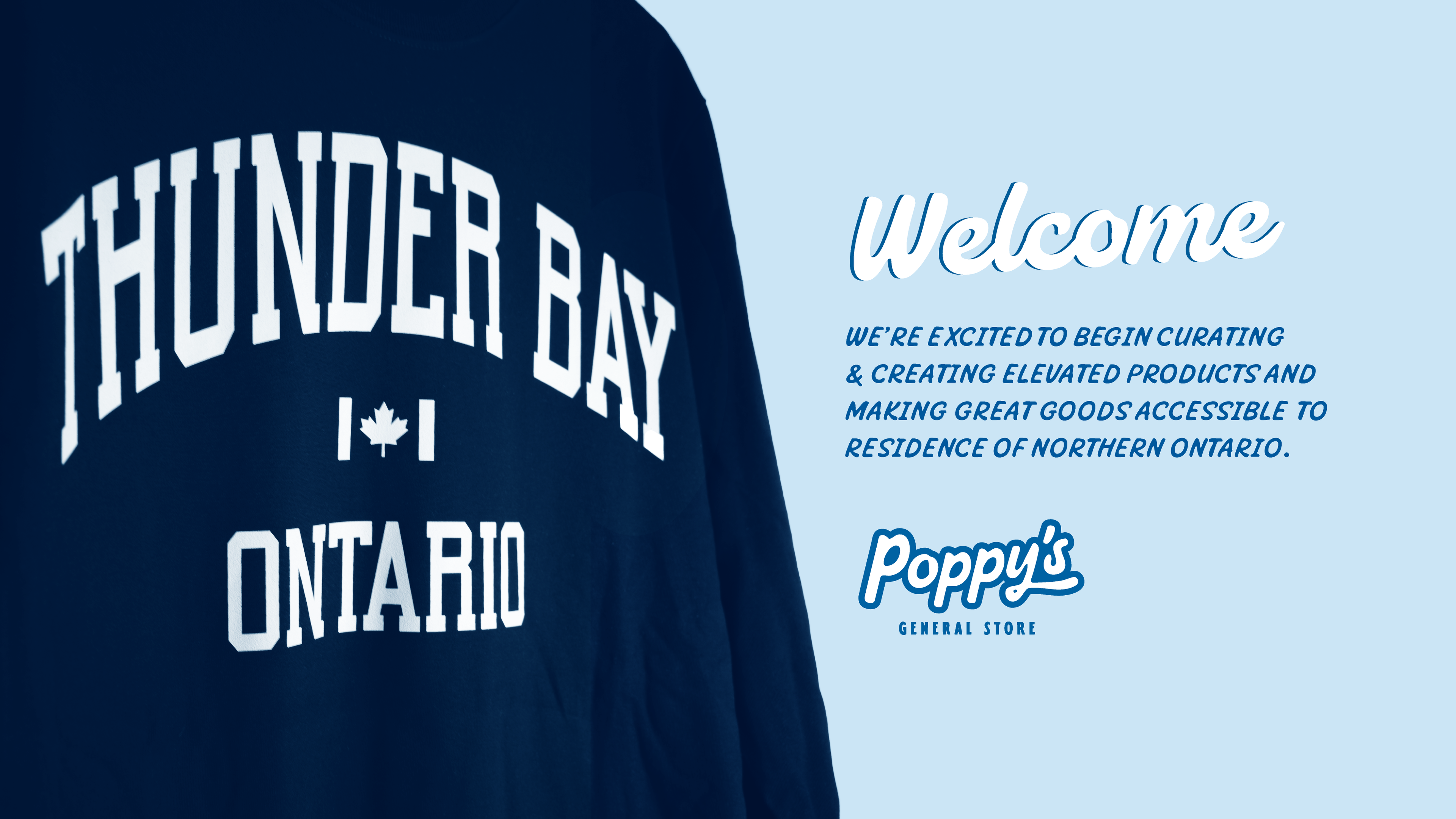 Navy sweatshirt with 'Thunder Bay Ontario' text on a light blue background with promotional text.
