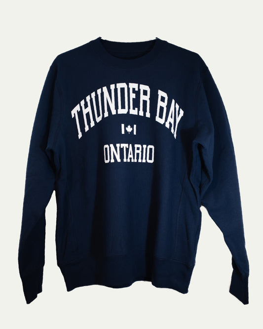 Navy blue sweatshirt with 'Thunder Bay, Ontario' text on a light gray background
