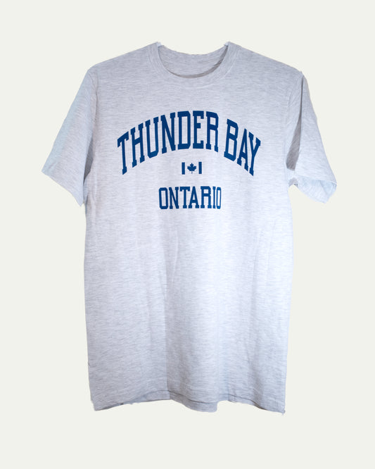 Gray t-shirt with 'Thunder Bay Ontario' text on a white background